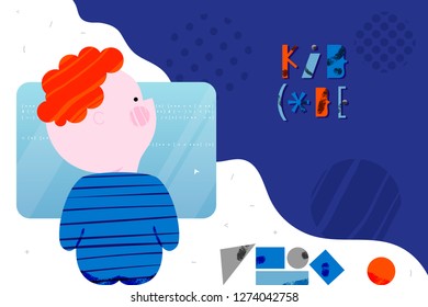 Cute boy is coding with laptop. Children coding and code training design concept in flat style. Cartoon vector illustration