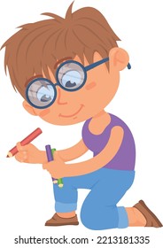 Cute boy with color pencils. Creative cartoon kid