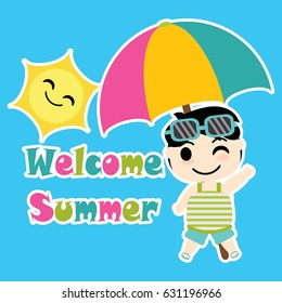 Cute Boy with colorful umbrella beach vector cartoon, Summer postcard, wallpaper, and greeting card, T-shirt design for kids