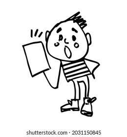 A cute boy communicates on a mobile phone. A funny character drawn by hand. Sketch. Vector doodle illustration