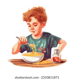 Cute boy cooking pasta, one happy meal icon isolated