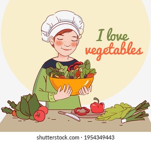 Cute boy cooking salad in the kitchen
