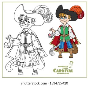 Cute boy in costume cat in boots with a mouse in hand color and outlined for coloring page