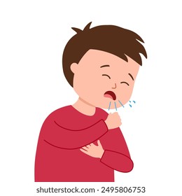 Cute boy is coughing in flat design on white background. Sick kid suffering from sore throat.