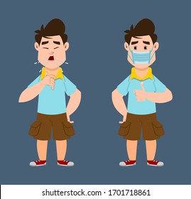 cute boy coughing and wearing protective face mask