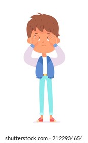 Cute boy covering eyes with arms vector illustration. Cartoon shyness action of surprised kid with funny face, shy child character avoid evil information like wise monkey metaphor isolated on white