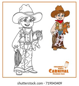 Cute boy in cowboy costume color and outlined for coloring page