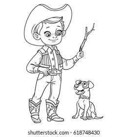 Cute boy in cowboy costume play with dog outlined isolated on a white background