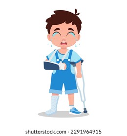 Cute boy crying with broken arm, broken leg