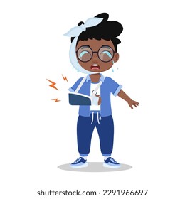 Cute boy crying with broken arm, childhood trauma