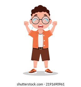 A cute boy is crying, a boy with glasses. Vector illustration