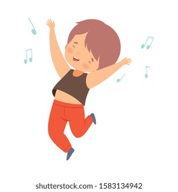 Cute Boy Dancing, Kid Having Fun and Enjoying Listening to Music Cartoon Vector Illustration