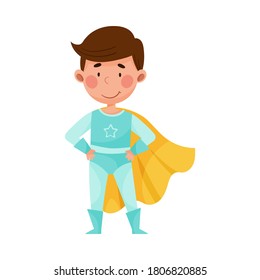 Cute Boy with Dark Hair Wearing Superhero Costume Vector Illustration