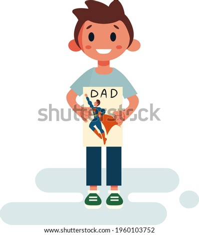 Cute Boy demonstrates a sheet of paper with the inscription "Dad", on which he drew his dad in a superhero costume with a flowing cloak. Father's day holiday. Vector illustration.
