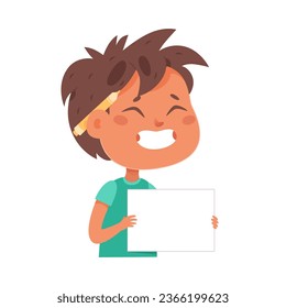 Cute boy demonstrating empty paper sheet while creating drawings at home or in school. Learning, enjoy, education, playing concept. Feeling happy and fun vector illustration.