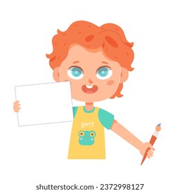 Un chico lindo que muestra papel vacío mientras crea dibujos en casa o en la escuela. Aprender, disfrutar, educar, jugar al concepto. Me siento feliz y divertida ilustración vectorial.
