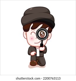 Cute boy detective with magnifying glass cartoon Vector