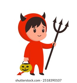 Cute boy in devil costume. Trick or Treat, Halloween concept. Vector illustration