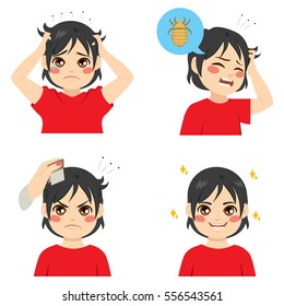 Cute boy with different stages of lice infection and after treatment