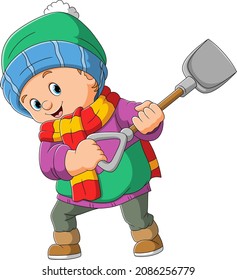 The cute boy is digging with shovel of illustration