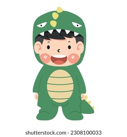 Cute boy in dinosaur costume cartoon