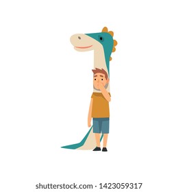Cute Boy in Dinosaur Costume, Funny Kid Dressed for Carnival or Masquerade Party Vector Illustration