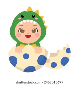 Cute boy in Dinosaurs costume and egg shell