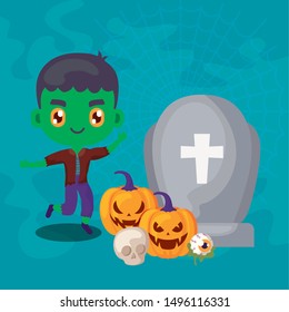 cute boy disguised of frankenstein and icons halloween