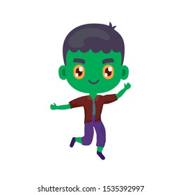 cute boy disguised of frankenstein on white background vector illustration design