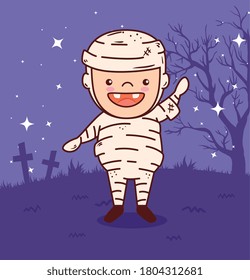 cute boy disguised of mummy for happy halloween celebration in dark night vector illustration design