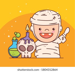 cute boy disguised of mummy for happy halloween celebration vector illustration design