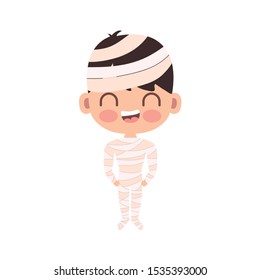 cute boy disguised of mummy on white background vector illustration design