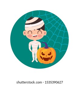 cute boy disguised of mummy vector illustration design