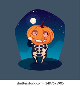 cute boy disguised of skeleton with head pumpkin