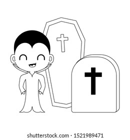 cute boy disguised of vampire with icons halloween vector illustration design