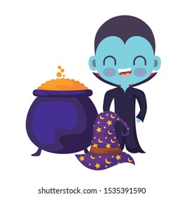 cute boy disguised of vampire with icons halloween vector illustration design