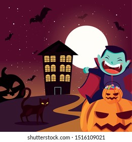 cute boy disguised of vampire in scene of halloween