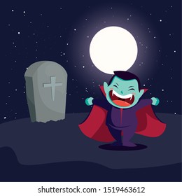cute boy disguised of vampire in scene of halloween