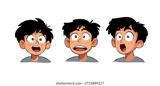 cute boy displaying multiple surprised facial reactions