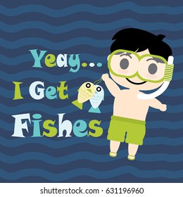 Cute Boy with diving glasses vector cartoon, Summer postcard, wallpaper, and greeting card, T-shirt design for kids