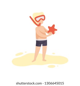 Cute Boy in Diving Mask Holding Starfish, Kid Having Fun on Beach on Summer Holidays Vector Illustration