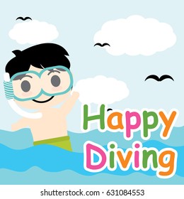 Cute boy is diving on the sea vector cartoon, Summer postcard, wallpaper, and greeting card, T-shirt design for kids