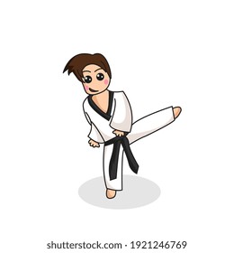 Cute Boy do Back Flying Kick.  Good for taekwondo karate content. Flat cartoon flat design isolated on white