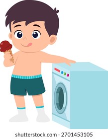 cute boy do laundry with washing machine and eating ice cream of illustration