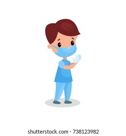 Cute boy doctor in professional clothing in medical mask and gloves, kid playing doctor vector illustration