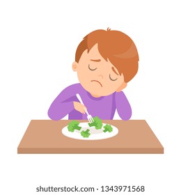 Cute Boy Does Not Want to Eat Broccoli, Kid Does Not Like Vegetables Vector Illustration