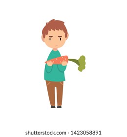 Cute Boy Does Not Want to Eat Carrot, Child Does Not Like Healthy Food Vector Illustration Vector Illustration