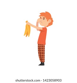 Cute Boy Does Not Want to Eat Banana, Child Does Not Like Fruits Vector Illustration Vector Illustration