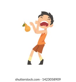 Cute Boy Does Not Want to Eat Pear, Child Does Not Like Fruits Vector Illustration Vector Illustration