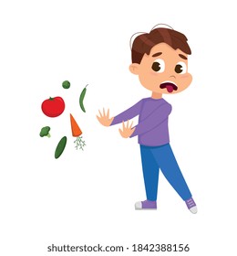 Cute Boy Does Not Want to Eat Vegetables, Kid Refusing to Eat Healthy Food Cartoon Style Vector Illustration